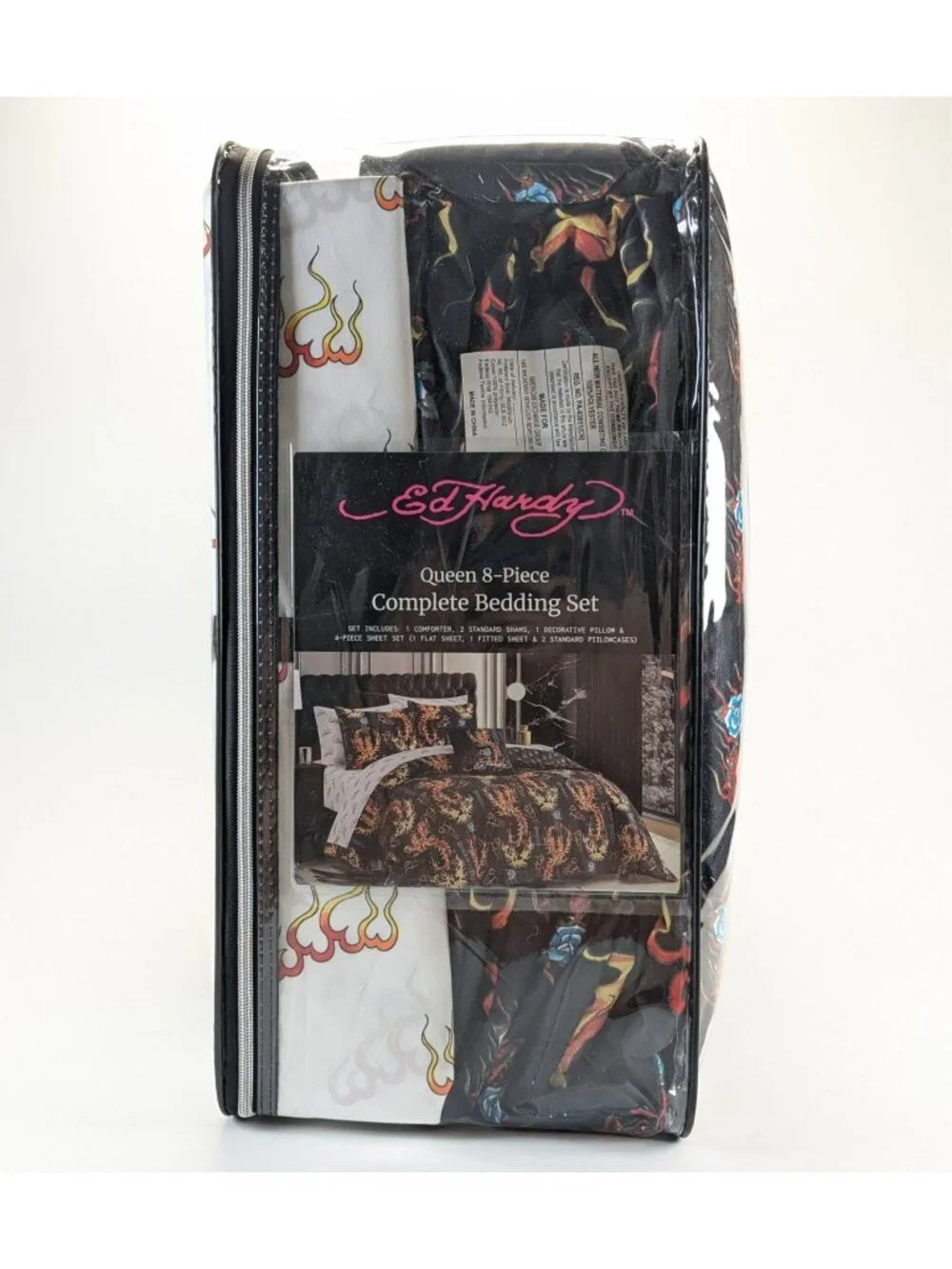 Ed Hardy Queen Comforter Set Shams Pillow Sheets w Black Roses Flames Black
